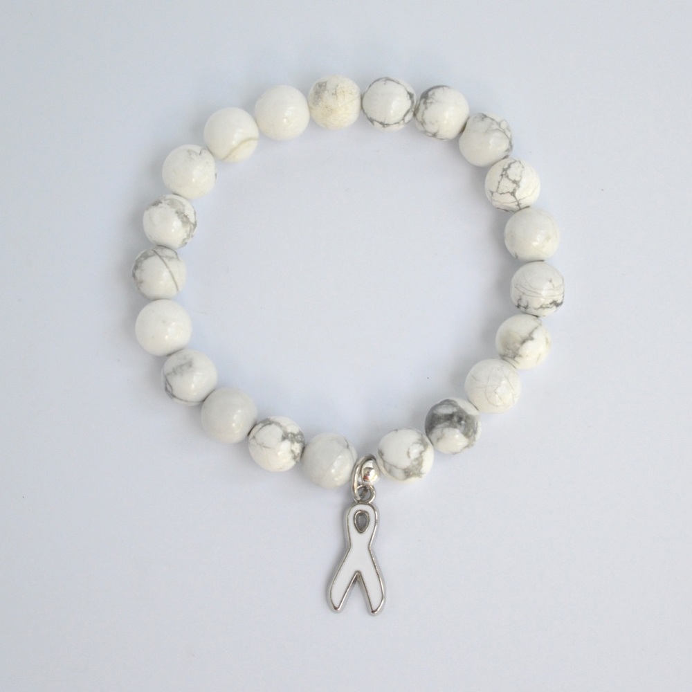 Lung Cancer White Ribbon Howlite Beaded Bracelet